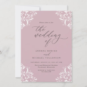 Convite Casamento Elegante Vintage Rosa Pálido Rosa Empoei