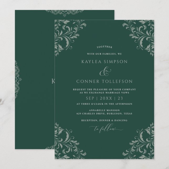 Convite Casamento Elegante Vintage Verde Esmeralda (Frente/Verso)