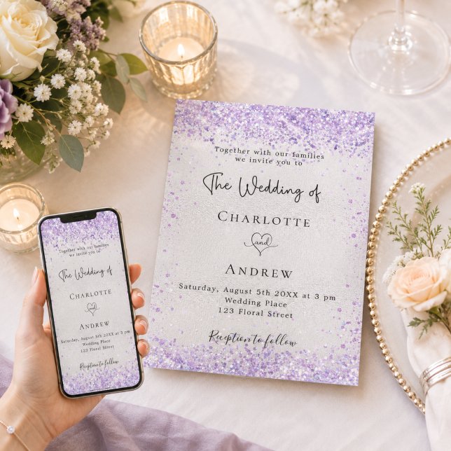 Convite Casamento elegante violeta lavanda prata (Criador carregado)