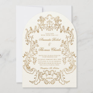 Convite Casamento Elegante Vitoriano Branco e Dourado