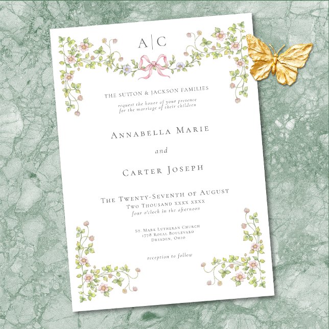Convite Casamento Elegante Vitoriano com Arco Floral Paste (Elegant Victorian Pastel Floral Bow Wedding Invitation)