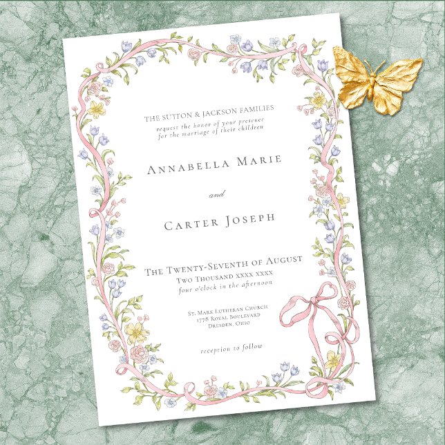 Convite Casamento Elegante Vitoriano com Arco Floral Paste (Elegant Victorian Pastel Floral Bow Wedding Invitation)