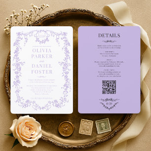 Convite Casamento Elegante Vitoriano Lilás Roxo Tudo em Um