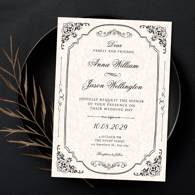 Convite Casamento elegante vitoriano preto e branco (Criador carregado)