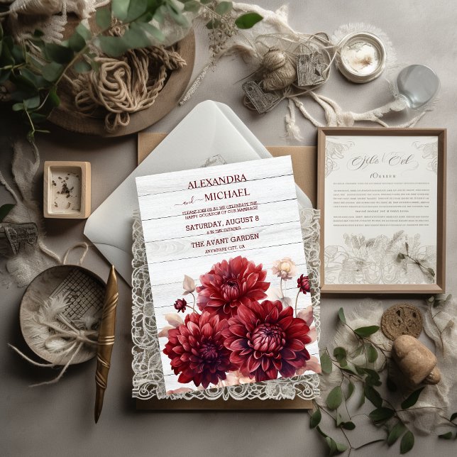 Convite Casamento Elegante Watercolor Burgundy Dahlia (Criador carregado)