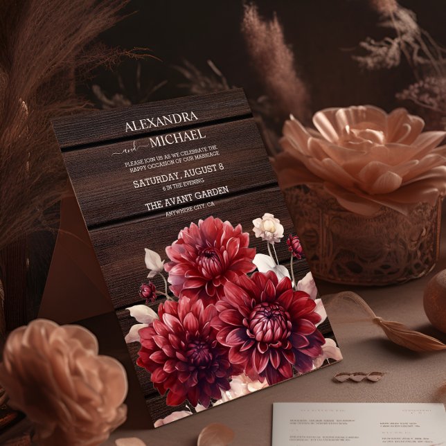 Convite Casamento Elegante Watercolor Burgundy Dahlia (Criador carregado)