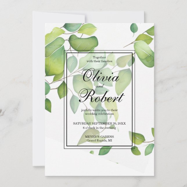 Convite Casamento Elegante Watercolor eucalyptus greenery (Frente)