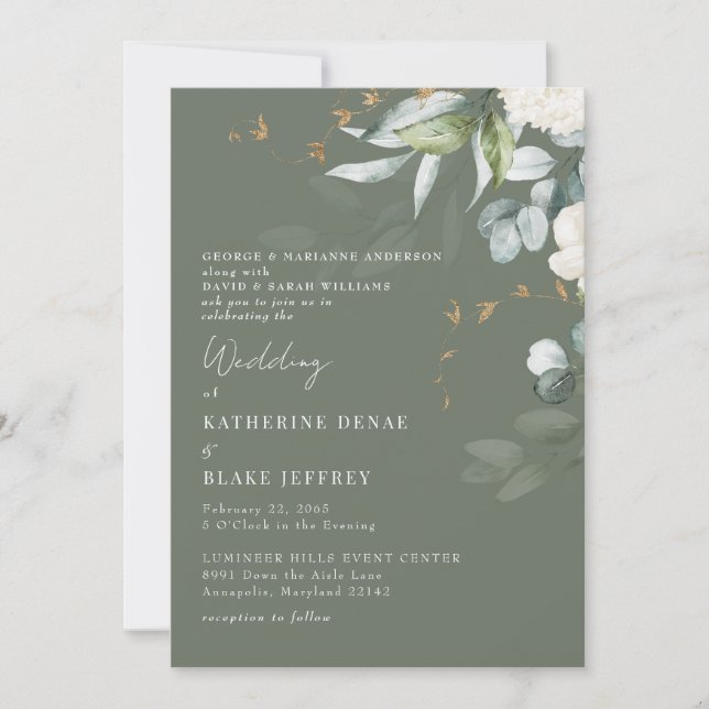 Convite Casamento Elegante White Hydrangea Rich Sage (Frente)