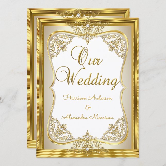 Convite Casamento Elite Dourado Branco bege Creme Pérola  (Frente/Verso)