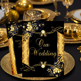 Convite Casamento Elite Dourado Preto Diamantes Florais