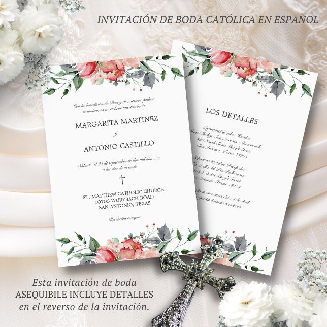 Convite Casamento Elizabeth Invitación de Boda Catolica (Elegante invitación de boda en español con flores rosas de acuarela)