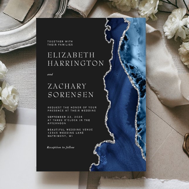 Convite Casamento em Ágata Azul Marinho Prata (Criador carregado)