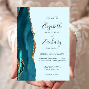 Convite Casamento em Ágata Azul Teal Moderno Dourado