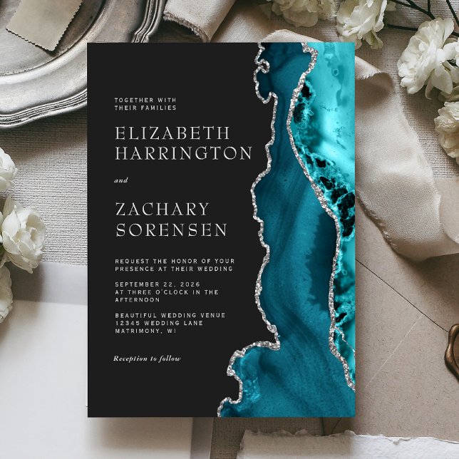 Convite Casamento em Ágata Azul Teal Prata (Criador carregado)