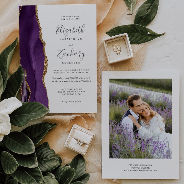 Convite Casamento em Ágata Dourada Roxa de Foto Moderna (Criador carregado)