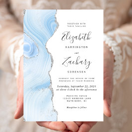 Convite Casamento em Ágata Prata Azul Bebê Moderno