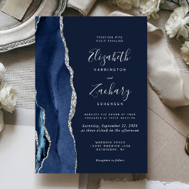 Convite Casamento em Ágata Prata Azul Marinho Moderno