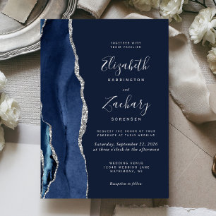 Convite Casamento em Ágata Prata Azul Marinho Moderno