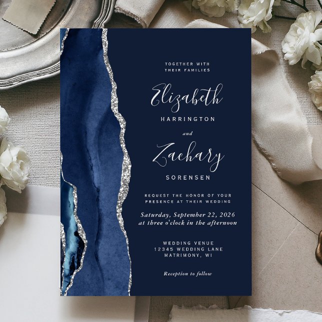 Convite Casamento em Ágata Prata Azul Marinho Moderno (Criador carregado)