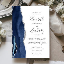 Convite Casamento em Ágata Prata Azul Marinho Moderno