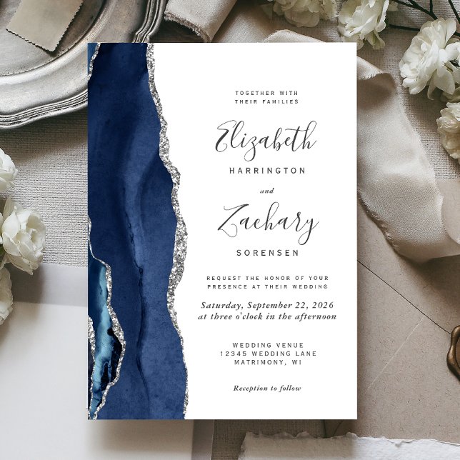Convite Casamento em Ágata Prata Azul Marinho Moderno (The perfect choice for a navy blue and silver themed wedding.)