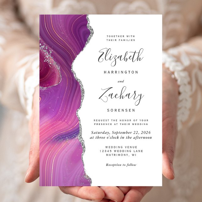 Convite Casamento em Ágata Prata Magenta Moderna (Criador carregado)
