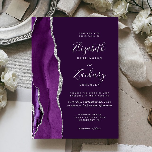 Convite Casamento em Ágata Prateada Deep Purple Moderna (Criador carregado)