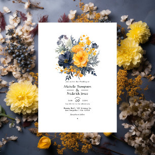 Convite Casamento em Amarelo Marigold, Azul Marinho e Cinz
