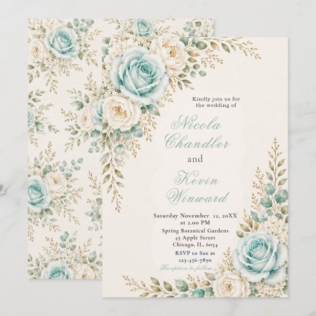 Convite Casamento em Aqua e Marfim (Frente/Verso)