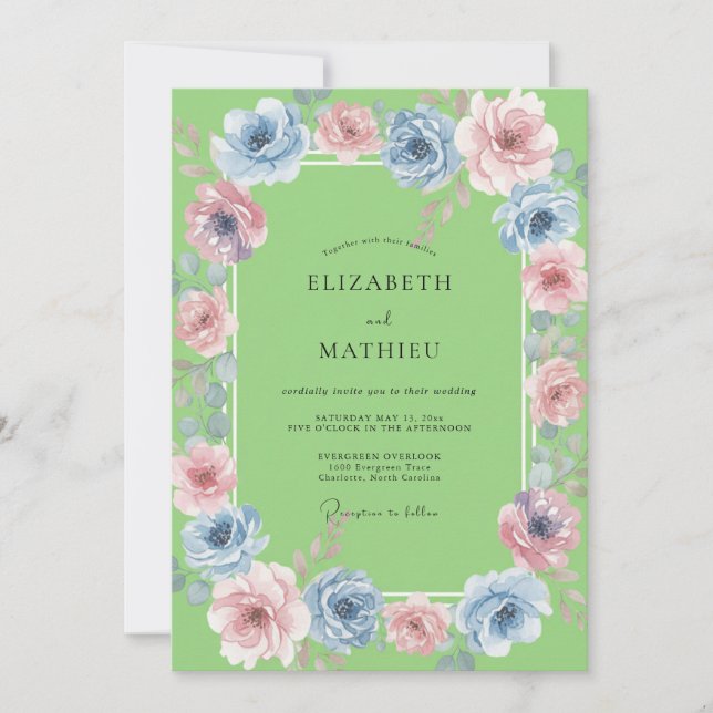 Convite Casamento em Aquarela Azul Chartreuse (Frente)