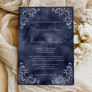 Convite Casamento em Aquarela Azul-Marinho Prata Vintage