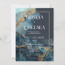 Convite Casamento em Aquarela Azul Mármore Dourado Luxuoso