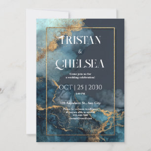 Convite Casamento em Aquarela Azul Mármore Dourado Luxuoso