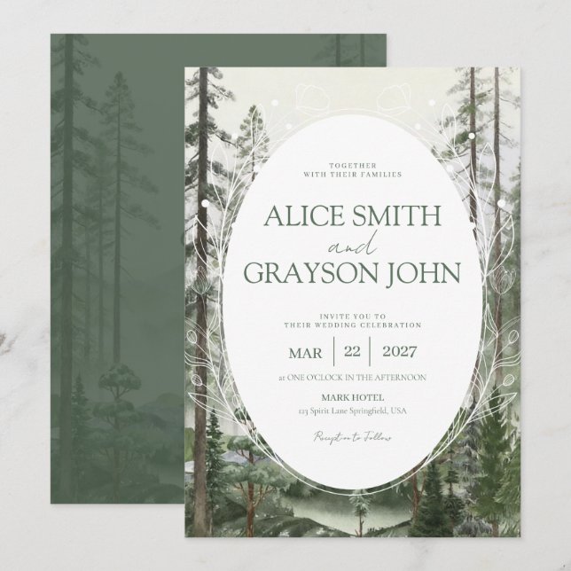 Convite Casamento em Aquarela Clássica com Árvore da Flore (Frente/Verso)