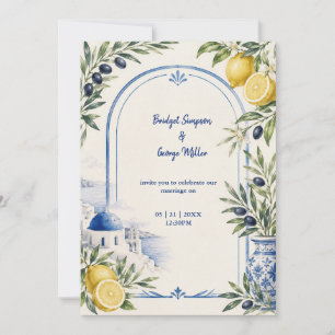 Convite Casamento em aquarela com azulejo azul costeiro de