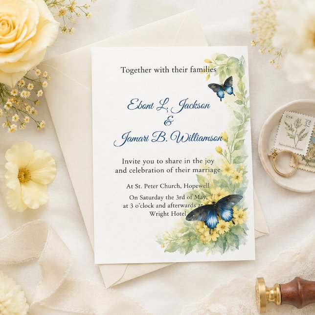 Convite Casamento em Aquarela com Borboletas & Flores Dour (Criador carregado)