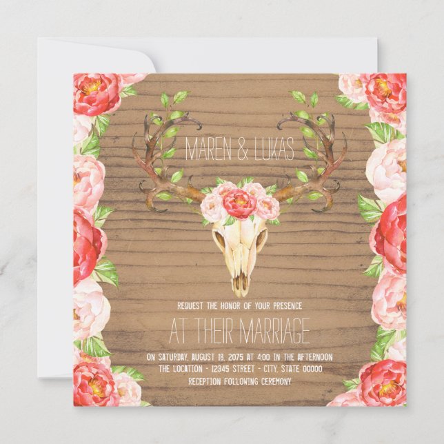 Convite Casamento em Aquarela com Chifre de Veado em Madei (Frente)