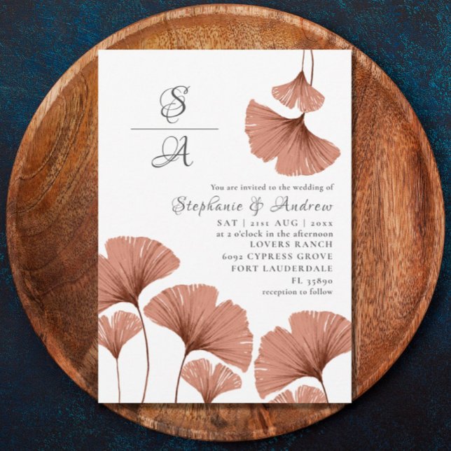 Convite Casamento em Aquarela com Ginkgo Terracota Rústico (Criador carregado)