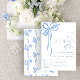 Convite Casamento em Aquarela com Laço Azul Caprichoso Mod
