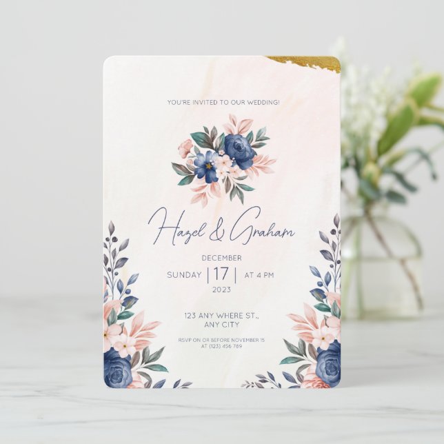 Convite Casamento em Aquarela com Moldura Floral Simples A (Em pé/Frente)