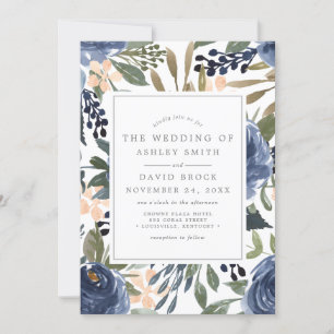 Convite Casamento em Aquarela com Padrão Floral Azul Marin
