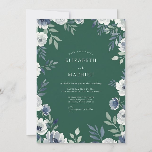 Convite Casamento em Aquarela com Periwinkle Esmeralda Ele (Frente)