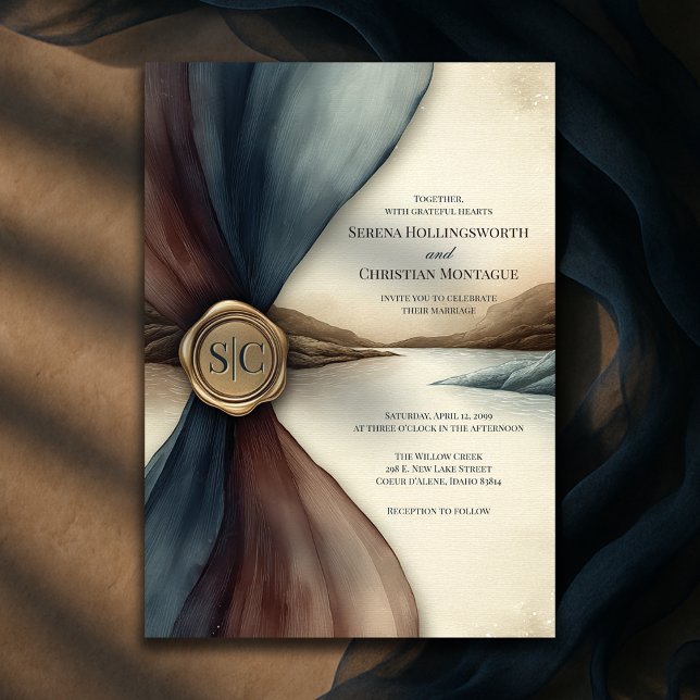 Convite Casamento em Aquarela com Sombreado de Ameixa e Az (Plum and Blue Ombre Seal Watercolor Wedding Invitation
)
