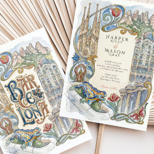 Convite Casamento em Aquarela de Barcelona com Pontos Turí
