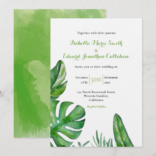 Convite Casamento em Aquarela de Folhas Verdes Tropicais d