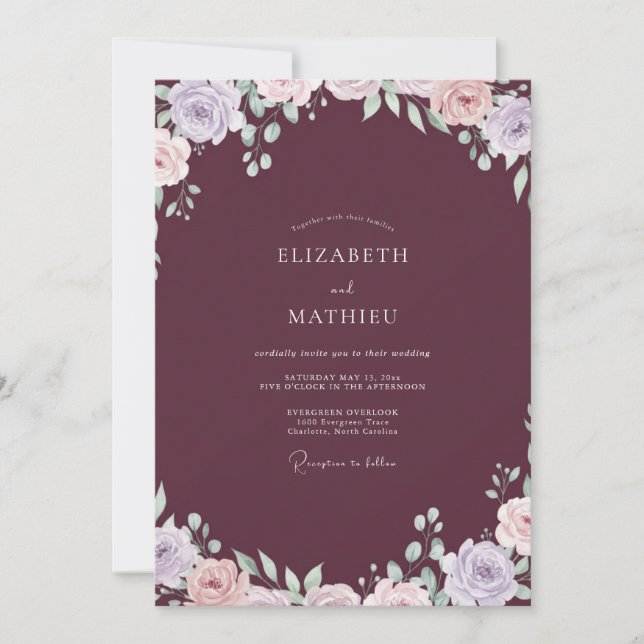 Convite Casamento em Aquarela de Lilás Ameixa (Frente)
