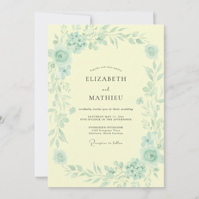 Convite Casamento em Aquarela de Menta e Manteiga (Frente)