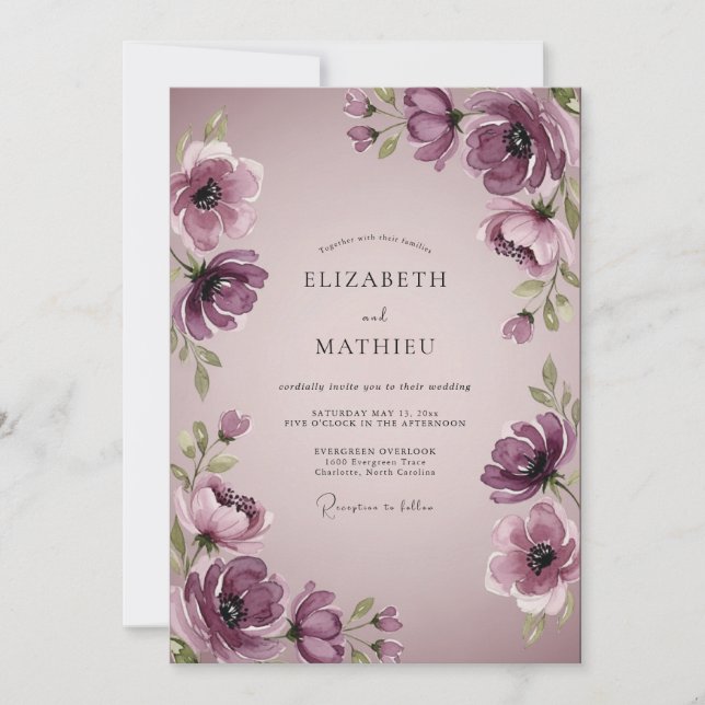 Convite Casamento em Aquarela Elegante Ameixa (Frente)