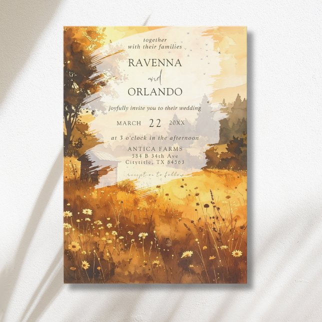 Convite Casamento em Aquarela em Celeiro Rústico de Outono (Criador carregado)