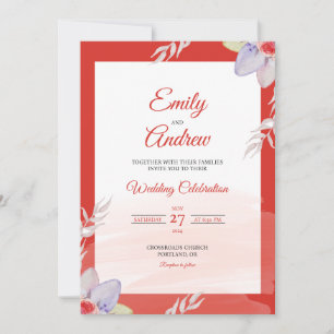 Convite Casamento em Aquarela Floral Elegante Folha Borda